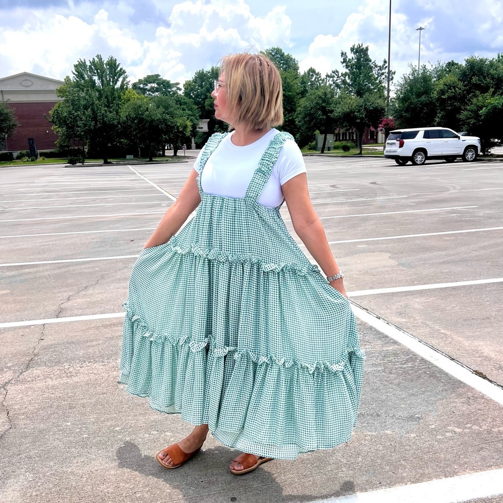 MABLE Green‎ Gingham tiered ruffle Sleeveless Dress S - Picture 5 of 13